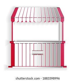 Paper cut Street stall with awning and wooden rack icon isolated on white background. Kiosk with wooden rack. Paper art style. Vector.