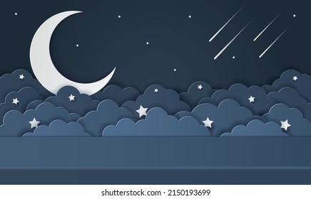 Paper cut of studio table room for products display presentation. Night clouds and crescent moon with shooting star for baby boy shower card
