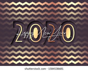 Paper Cut Style 2020 Text on Golden and Purple Wavy Striped Background for Happy New Year Celebration.