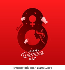 Paper Cut Style 8 March Text with Female Gender Sign and Butterflies Decorated on Red Background for Happy Women's Day Celebration.