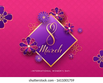 Paper Cut Style 8 March Text in Rhombus Frame Decorated with Beautiful Flowers on Pink Squma Pattern Background for International Women's Day.