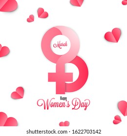 Paper Cut Style 8 March Text with Female Gender Sign and Hearts Decorated on White Background for Happy Women's Day.