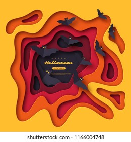 Paper cut style abstract shapes with flying bats. Halloween holiday background. 3d layered effect. Vector illustration.