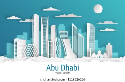 Paper cut style Abu Dhabi city, white color paper, vector stock illustration. Cityscape with all famous buildings. Skyline Abu Dhabi city composition for design