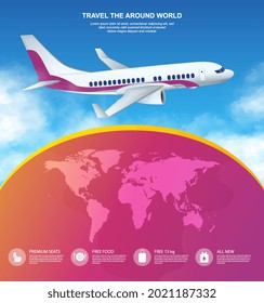 Paper cut style airplane flying around colorful world. Concept of travelling around the world by plane postcard template. Website, web page, landing page template. Flat cartoon vector illustration