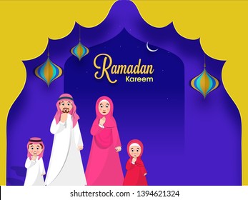 Paper cut style background with happy Islamic family greeting in traditional way on the occasion of Islamic holy month Ramadan Kareem.
