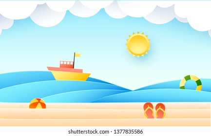 Paper cut style beach background with element such as ship, ball, slippers, swimming ring and sun illustration.