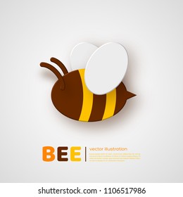 Paper cut style bee. Element for beekeeping and honey product design. White background, vector illustration.