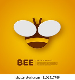 Paper cut style bee. Element for beekeeping and honey product design. Yellow background, vector illustration.