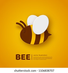 Paper cut style bee. Element for beekeeping and honey product design. Yellow background, vector illustration.