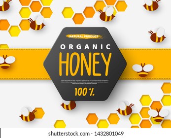 Paper cut style bee with honeycomb. Typographic design for beekeeping and honey product. Orange background, vector illustration.