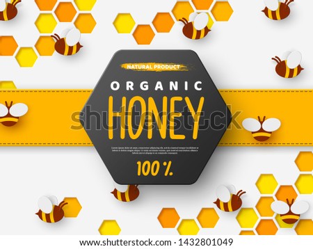 Paper cut style bee with honeycomb. Typographic design for beekeeping and honey product. Orange background, vector illustration.