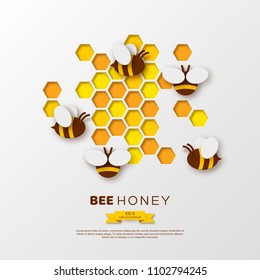 Paper cut style bee with honeycombs. Template design for beekeeping and honey product. White background, vector illustration.