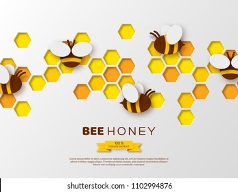 Paper cut style bee with honeycombs. Template design for beekeeping and honey product. White background, vector illustration.