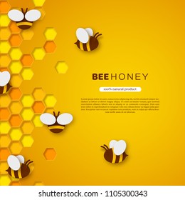 Paper cut style bee with honeycombs. Template design for beekeeping and honey product. Yellow background, vector illustration.