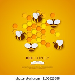 Paper cut style bee with honeycombs. Template design for beekeeping and honey product. Yellow background, vector illustration.