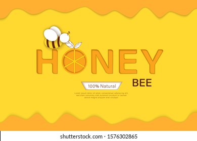 Paper cut style bee with honeycombs. Template design for beekeeping and honey product.