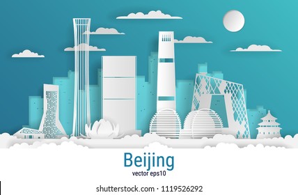 Paper cut style Beijing city, white color paper, vector stock illustration. Cityscape with all famous buildings. Skyline Beijing city composition for design