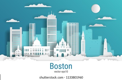 Paper cut style Boston city, white color paper, vector stock illustration. Cityscape with all famous buildings. Skyline Boston city composition for design