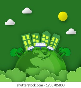 Paper Cut Style Buildings With Solar Panel, Trees, Sun, Clouds And Earth Globe On Green Background For Save Nature.