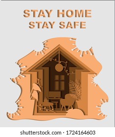 A paper cut style card with the words “stay home”, “stay safe”, with the image of the house inside, in orange colors.