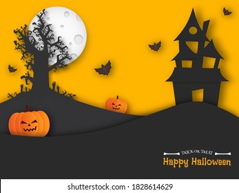 Paper Cut Style Castle with Jack-O-Lanterns, Scary Tree, Bats Flying and Full Moon on Yellow and Black Background for Happy Halloween.