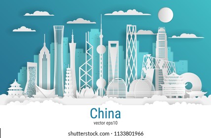 Paper cut style China city, white color paper, vector stock illustration. Cityscape with all famous buildings. Skyline China city composition for design