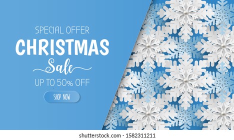 Paper cut style with christmas sale banner with blue and white snowflakes on blue background