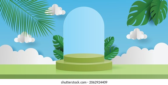 Paper cut style of clouds, leaf tropical natural on blue sky background with 3D green color cylinder podium for products display presentation. Vector illustration