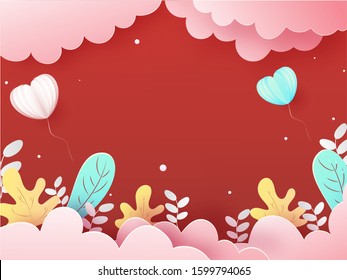 Paper Cut Style Cloudy Red Background with Heart Shaped Balloons and Autumn Leaves.