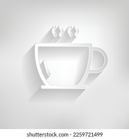 Paper cut style coffee cup icon isolated on grey background. Hot tea drink with steam. Gray flat square with shadow. 
