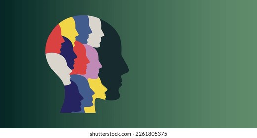 paper cut style Colored silhouette faces in head. Metaphor bipolar disorder, Parkinson, Double face, Split personality, Psychology, Dual personality Mental health concept. Vector illustration. 