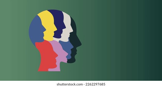 estilo de corte de papel Silueta de color rostros en la cabeza. Trastorno bipolar de metáfora, Parkinson, doble cara, personalidad dividida, psicología, concepto de salud mental de doble personalidad. Copiar espacio.