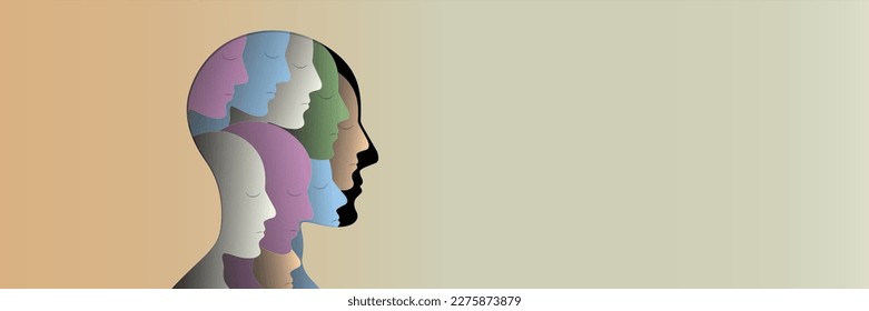 paper cut style Colored silhouette faces in head. Metaphor bipolar disorder, Parkinson, Double face, Split personality, Psychology, Dual personality Mental health concept. Copy space.