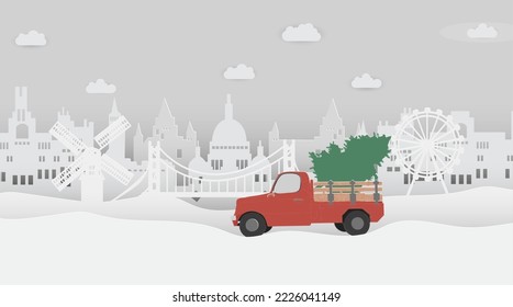 Paper cut style concept merry christmas and happ new year with red old christmas truck carrying a Christmas tree and snow man .Vector illustration.