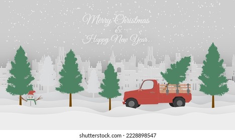 Paper cut style concept merry christmas and happ new year with red old christmas truck carrying a Christmas tree and snow man .Vector illustration.