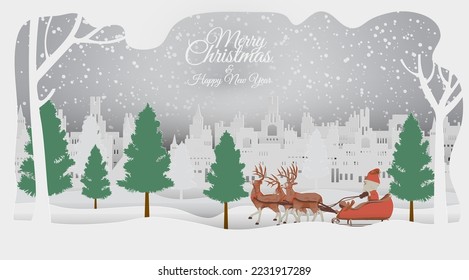 Paper cut style concept merry christmas and happ new year with santa claus and reindeer on his sleigh and pine tree.Vector illustration.