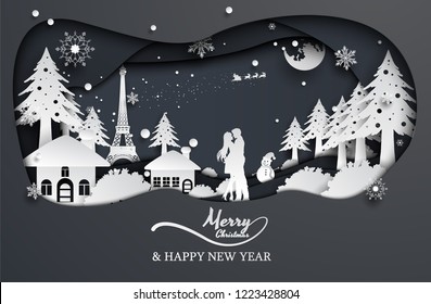 paper cut style couple love and santa claus, christmas ,happy new year.