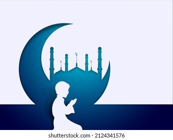 Paper Cut Style Crescent Moon With Mosque, Muslim Boy Praying On White And Blue islamic Pattern Background.