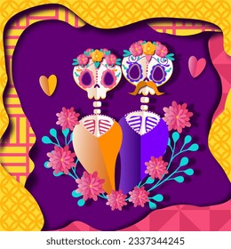 Paper cut style día de los muertos. day of the dead. ornament with hat, flower and skull for poster, party promo,  festival card vector 