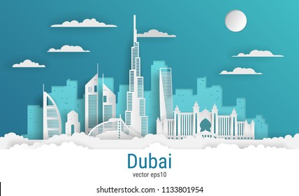 Paper cut style Dubai city, white color paper, vector stock illustration. Cityscape with all famous buildings. Skyline Dubai city composition for design