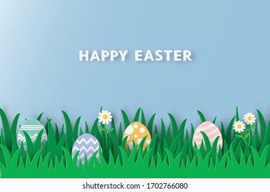 Paper cut style with easter egg in the grass. For Easter day, invitation, greeting card, posters and wallpaper. Vector illustration.