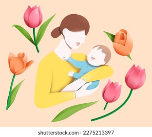 Paper cut style element set of lovely mother cuddling her baby in arm and tulip flowers decoration isolated on beige background. Suitable for Mother's Day and International Women's Day.