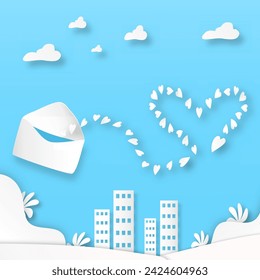 Paper cut style of envelope and heart decorated with small elements, buildings environment, color background, mail, paper art, illustration.