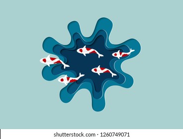 Paper cut style. Fancy carp fish swimming on water in pond. Beautiful japanese koi fish on green and blue water with different layers and trendy craft style. vector illustration.