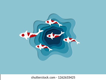 Paper cut style. Fancy carp fish swimming on water in pond. Beautiful japanese koi fish on green and blue water with different layers and trendy craft style. vector illustration.