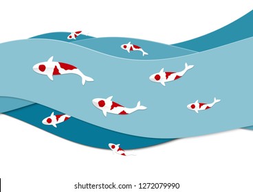 Paper cut style. Fancy carp fish swimming on water flow in river. Beautiful japanese koi fish on green and blue water with different layers style.  trendy craft style. vector illustration.