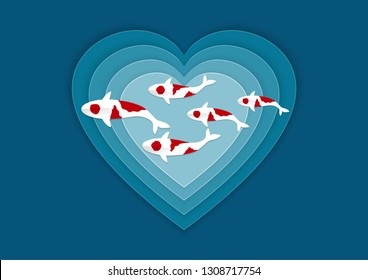 Paper cut style. Fancy carp fish swimming on layer blue hearts. Beautiful japanese koi fish on blue water with different layers style.  Love concept. Trendy craft style. vector illustration. 