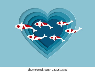 Paper cut style. Fancy carp fish swimming on water in pond with blue hearts. Beautiful japanese koi fish on blue water with different layers style.  Love concept. Trendy craft style.