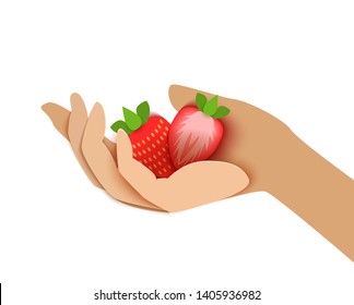 paper cut style, female hand holds strawberries.